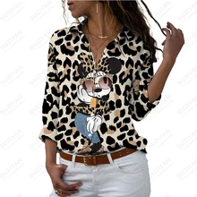 Disney Leopard 3D Print Womens Street Style Long Sleeve Shirt Mickey and Minnie Cute Cartoon Print Womens Long Sleeve Shirt