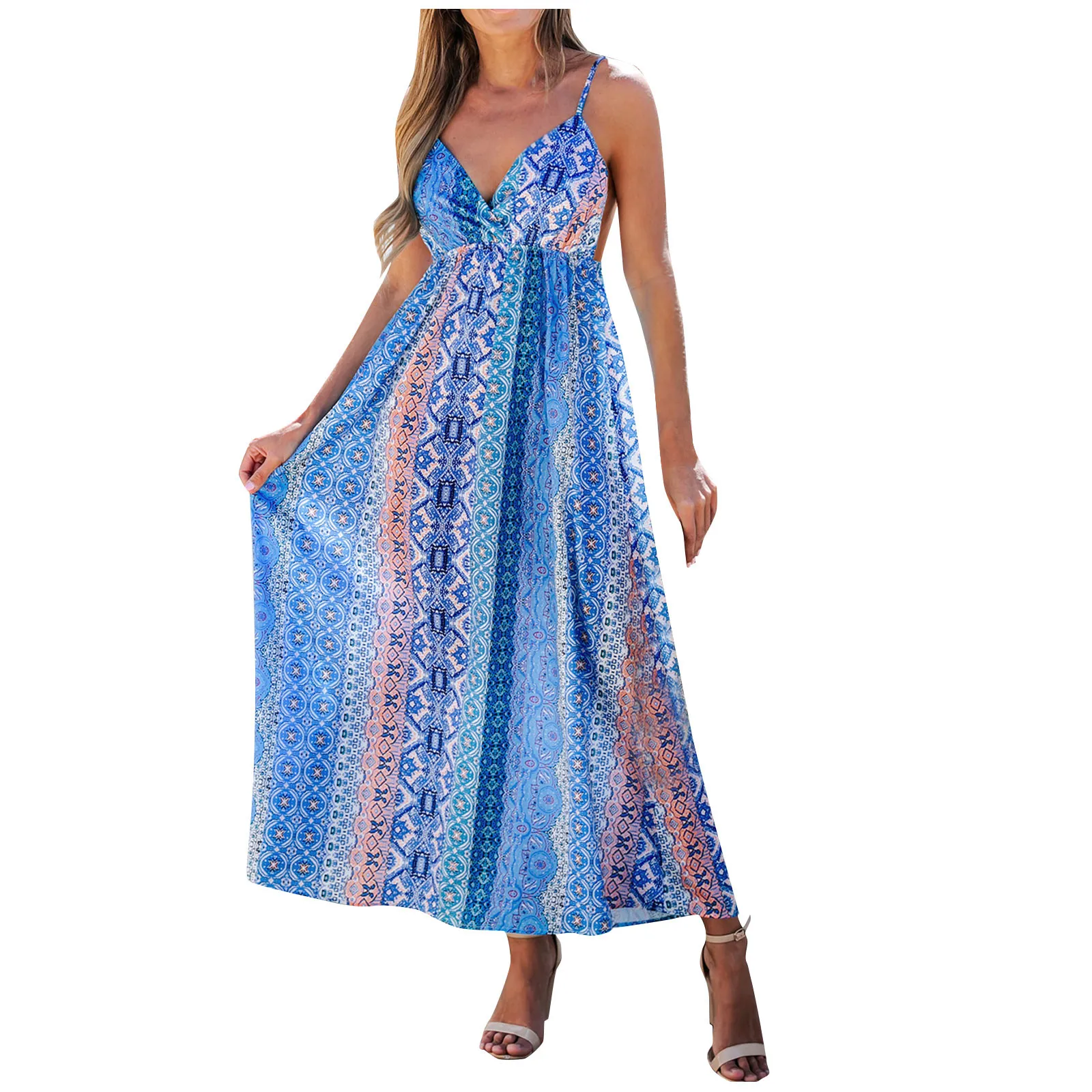 Летнее женское пикантное платье с V-образным вырезом, открытой спиной, на бретельках, с принтом, свободное, для отдыха в дороге, женское летнее платье-один предмет, свободное женское платье 
Летнее женское пикантное платье с V-образным вырезом, открытой спиной, на бретельках, с принтом, свободное, для отдыха в дороге, женское летнее платье-один предмет, свободное женское платье