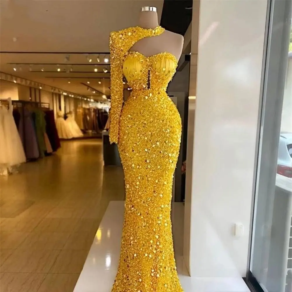 

Dubai Sparkly Sequined Formal Prom Dress One Shoulder Pearls Beads Luxury Glitter Evening Party Gowns Sweetheart Long Pageant