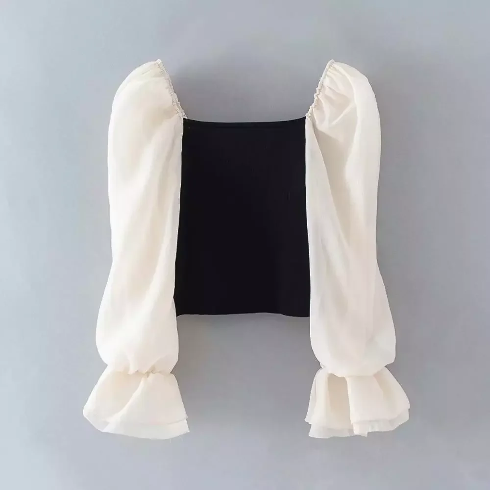 2023NEW Women elegant organza puff sleeve patchwork knitted casual smock blouse ladies chic square collar feminina shirt tops LS
2023NEW Women elegant organza puff sleeve patchwork knitted casual smock blouse ladies chic square collar feminina shirt tops LS