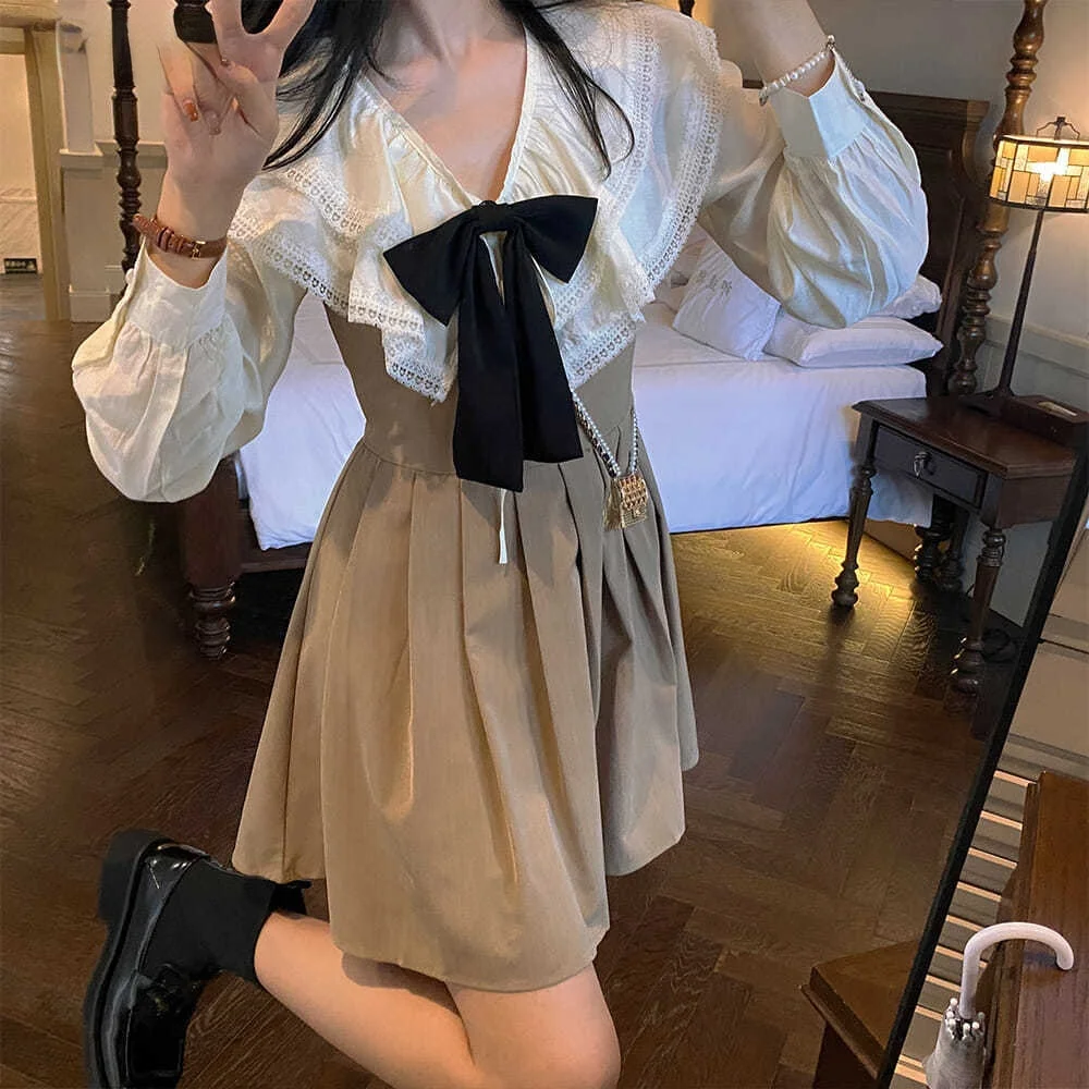 Sets Women Blouses and Dresses Preppy Style Kawaii Dating Bow Lace Lovely Schoolgirls Clothing Patchwork Temperament Sweet New
Sets Women Blouses and Dresses Preppy Style Kawaii Dating Bow Lace Lovely Schoolgirls Clothing Patchwork Temperament Sweet New