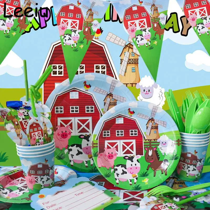 

Farm Animal Themed Party Disposable Tableware Set Cups Plates Paper Towels Cake Flag Baby's Birthday Decorations