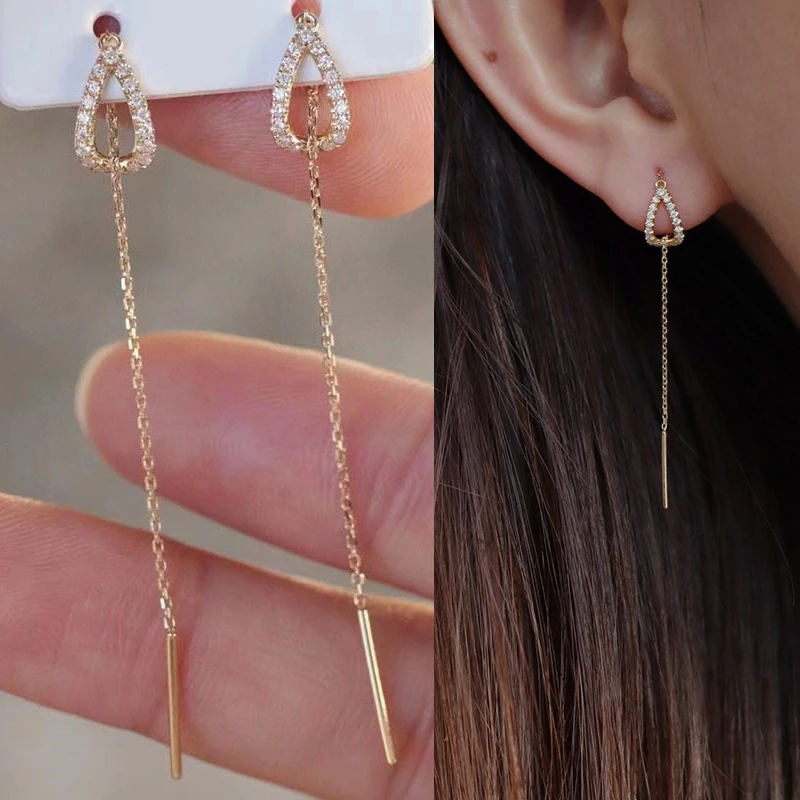 

New Drop Ear Line Long Hanging Earrings for Women Gold Color Zircon Crystal Piercing Threader Earing Ear Accessories Jewelry