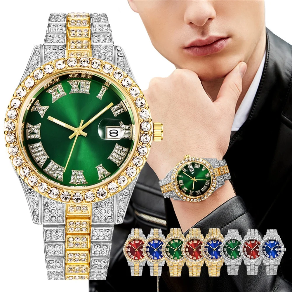 

Luxury Men's Quartz Watch Diamond Calendar Roman Numeral Dial Business Casual WristWatch gift relogios masculinos