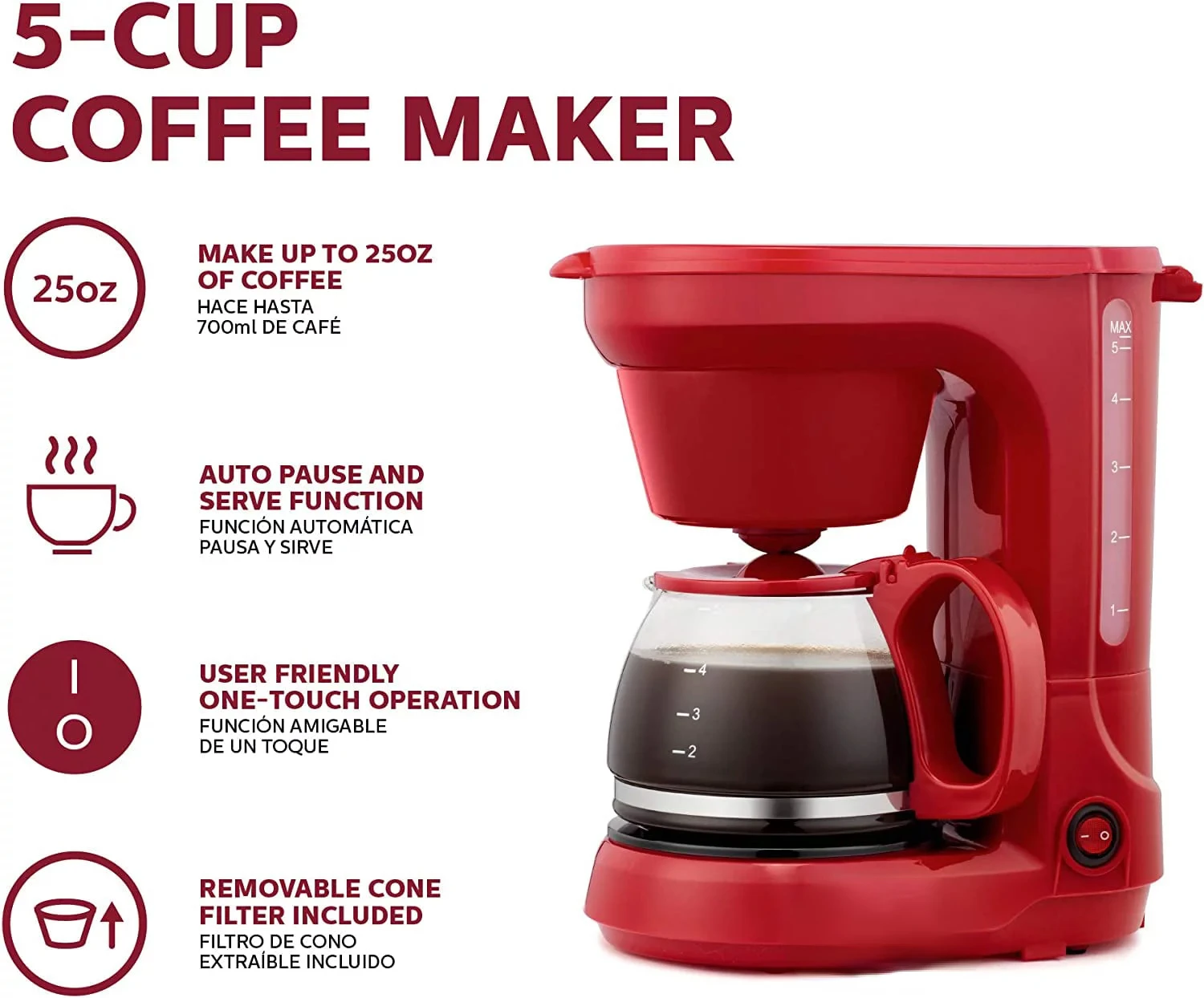 Compact Coffee Maker, Red - Convenient and User Friendly with Auto Pause and Serve Functions
Compact Coffee Maker, Red - Convenient and User Friendly with Auto Pause and Serve Functions