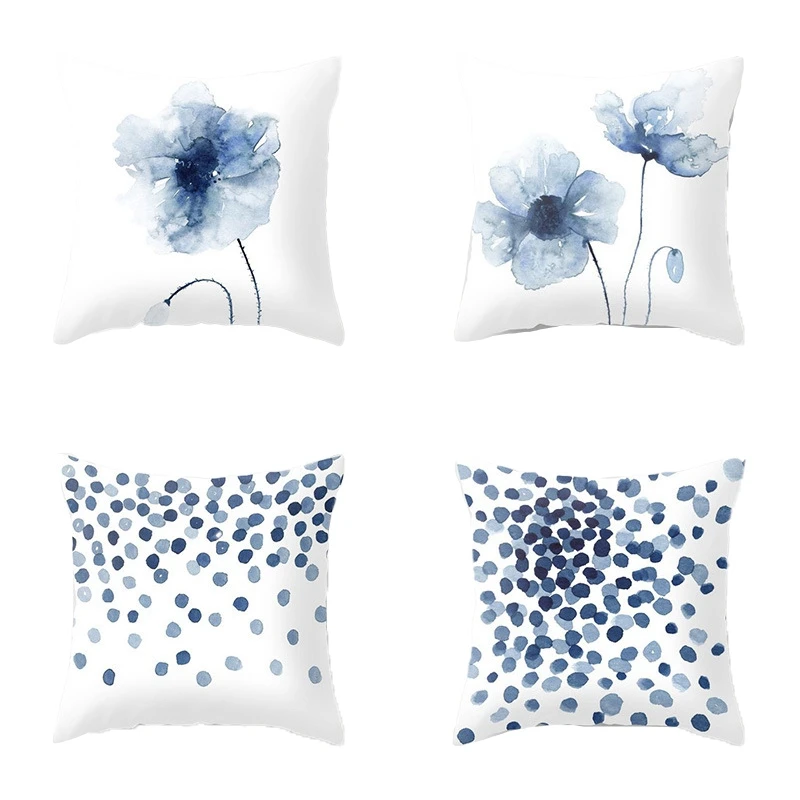 

A50I 4PCS Nordic Style Ink Blue Flower Abstract Concise Print Pillowcase Peach Skin Velvet Throw Pillows Cover 45X45cm