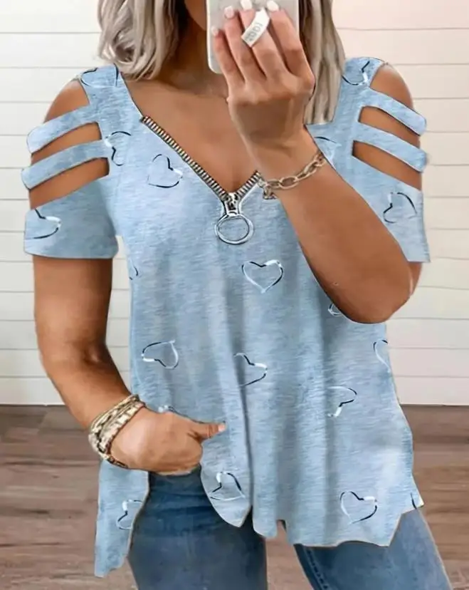 Women T-Shirt Summer European & American Fashion Women's Clothing Heart Print Ladder Cutout Zipper Design Short Sleeve T-Shirts
Women T-Shirt Summer European & American Fashion Women's Clothing Heart Print Ladder Cutout Zipper Design Short Sleeve T-Shirts