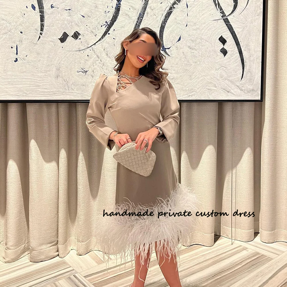 Saudi Arabic Evening Dresses Long Sleeve Feather Satin Dubai Banquet Dinner Dresses Tea Length Women Formal Evening Gowns 
Saudi Arabic Evening Dresses Long Sleeve Feather Satin Dubai Banquet Dinner Dresses Tea Length Women Formal Evening Gowns