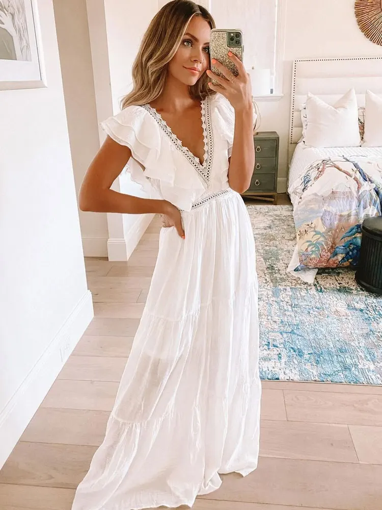 Sexy Deep V-neck Butterfly Sleeve Maxi Dress White High Waist Mid-length A-line Dress Casual Women's Summer Holiday Dress D9
Sexy Deep V-neck Butterfly Sleeve Maxi Dress White High Waist Mid-length A-line Dress Casual Women's Summer Holiday Dress D9