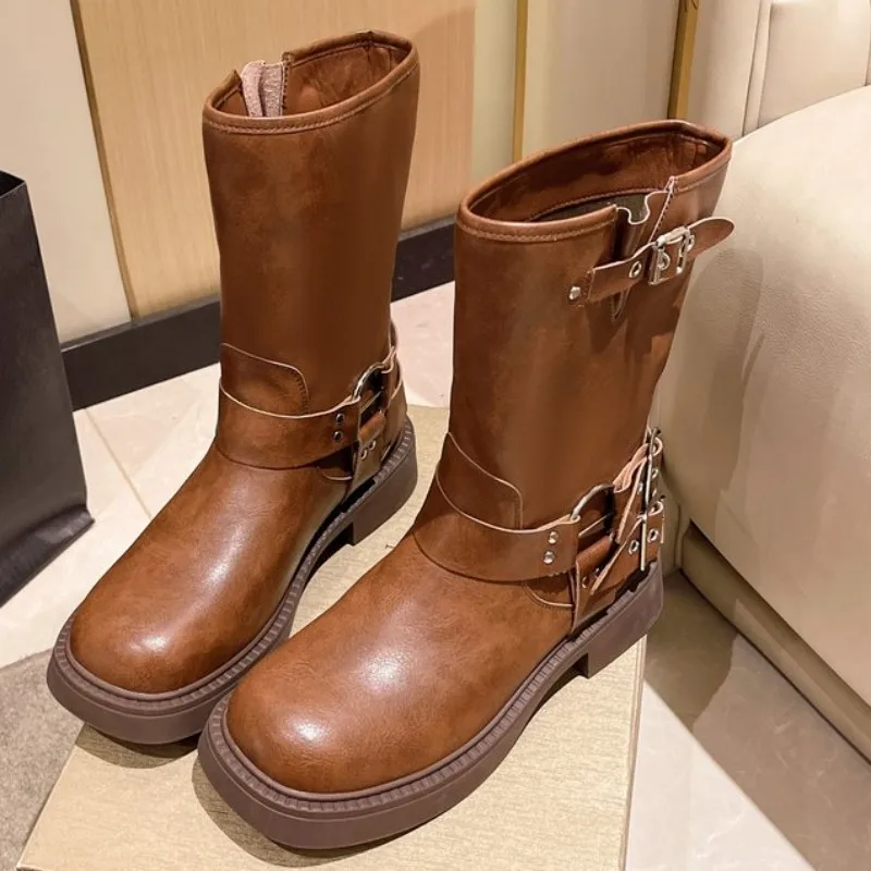 

2023 Winter New Mid Calf Chelsea Boots Women Buckle Round Toe Causal Mid Heels Shoes Brand Zipper Gladiator Motorcycle Boots
