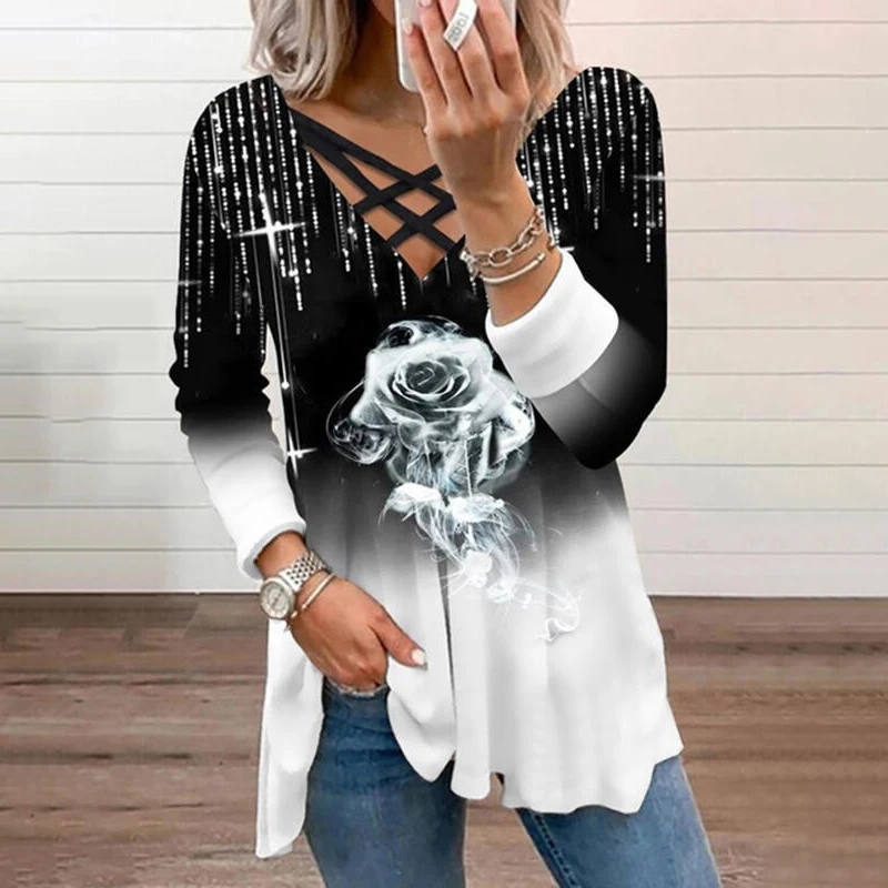 New Plus Size Colorblock Neckline Mesh Hollow Out Long Sleeves Women's Rose Print V-Neck Loose Casual T-Shirt Fashion Lady Top
New Plus Size Colorblock Neckline Mesh Hollow Out Long Sleeves Women's Rose Print V-Neck Loose Casual T-Shirt Fashion Lady Top