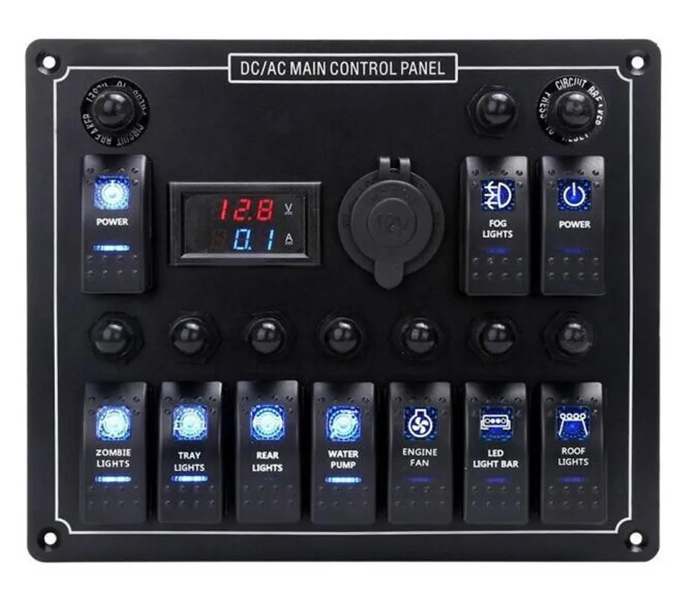 10 Gang Waterproof Car Auto Boat Marine LED AC/DC Rocker Switch Panel Circuit Breaker Digital Voltmeter & 12V Cigarette Socket 
10 Gang Waterproof Car Auto Boat Marine LED AC/DC Rocker Switch Panel Circuit Breaker Digital Voltmeter & 12V Cigarette Socket