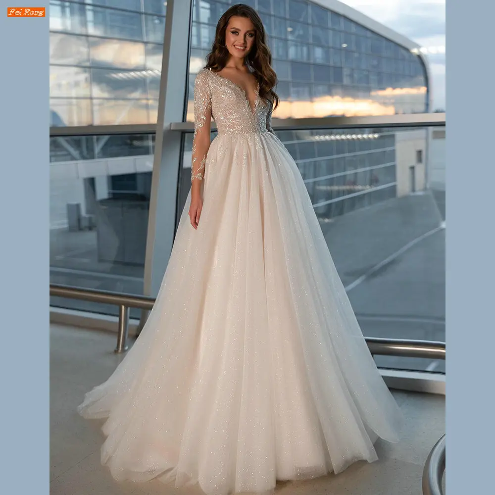

Платье свадебное ТРАПЕЦИЕВИДНОЕ из тюля, элегантная блестящая Кружевная аппликация, длинные рукава, открытая спина, платье невесты