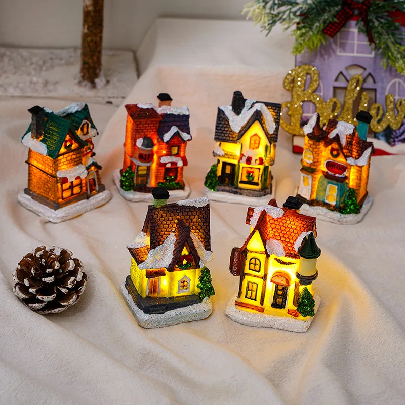 

Christmas Decorations Resin Mini House Model Micro Landscape Luminous Snow House Decorative Gifts Ornament Fangle Lighting