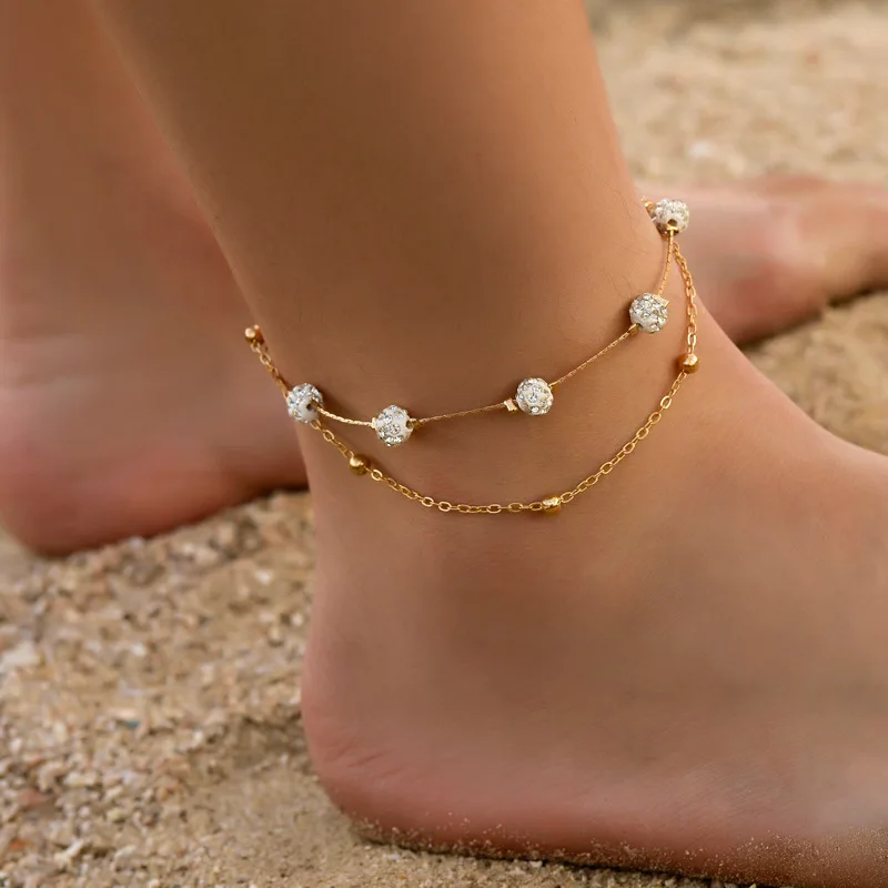 

Браслет на ногу женский двухслойный, металлический ювелирный браслет с бусинами, пляжный аксессуар, для лета