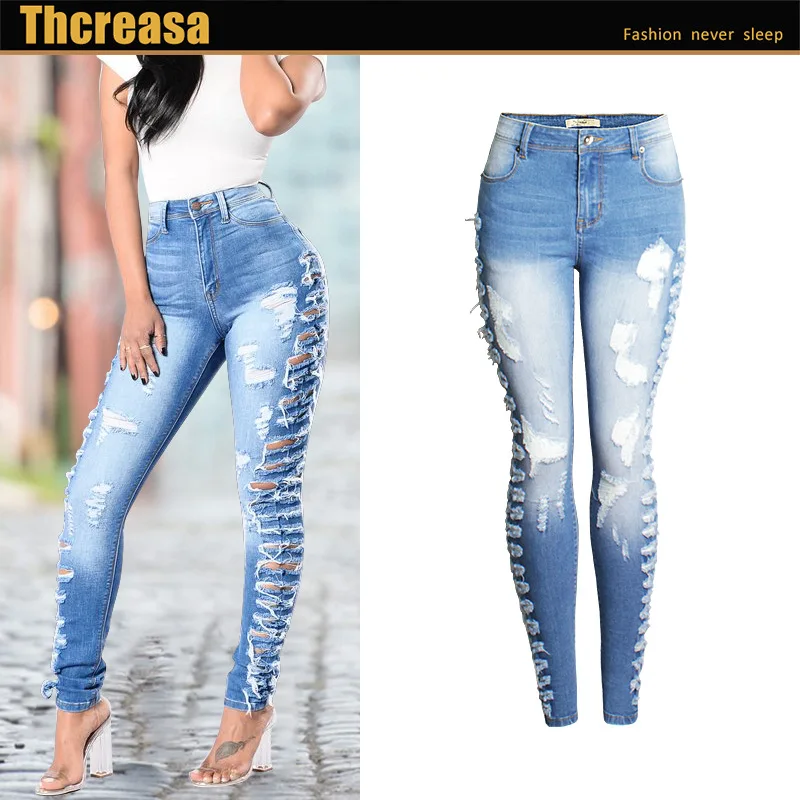 

2022 Women's Casual Fashion Youth Jeans Europe / America New Hole Slim Stretchy Jeans Pencil Pants Women Full Length Folds Jeans