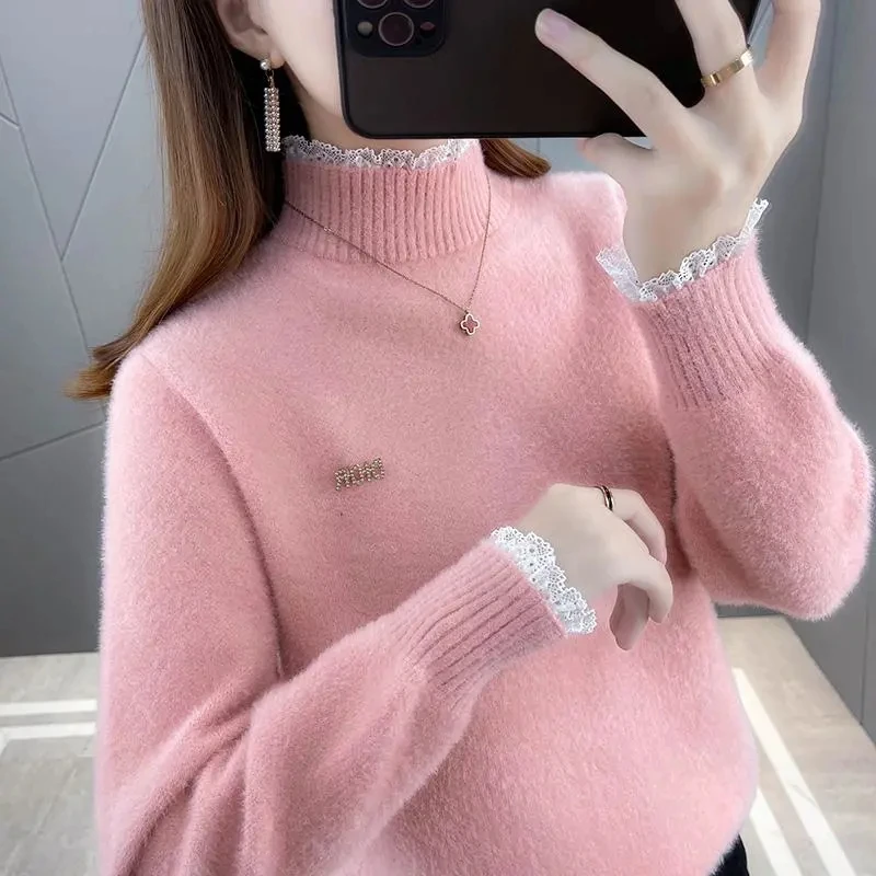 Autumn Winter Women Pullover Sweater Fashion Turtleneck Knitted Jumper Loose Imitation Mink Velvet Knitted Sweater Femme Tops
Autumn Winter Women Pullover Sweater Fashion Turtleneck Knitted Jumper Loose Imitation Mink Velvet Knitted Sweater Femme Tops