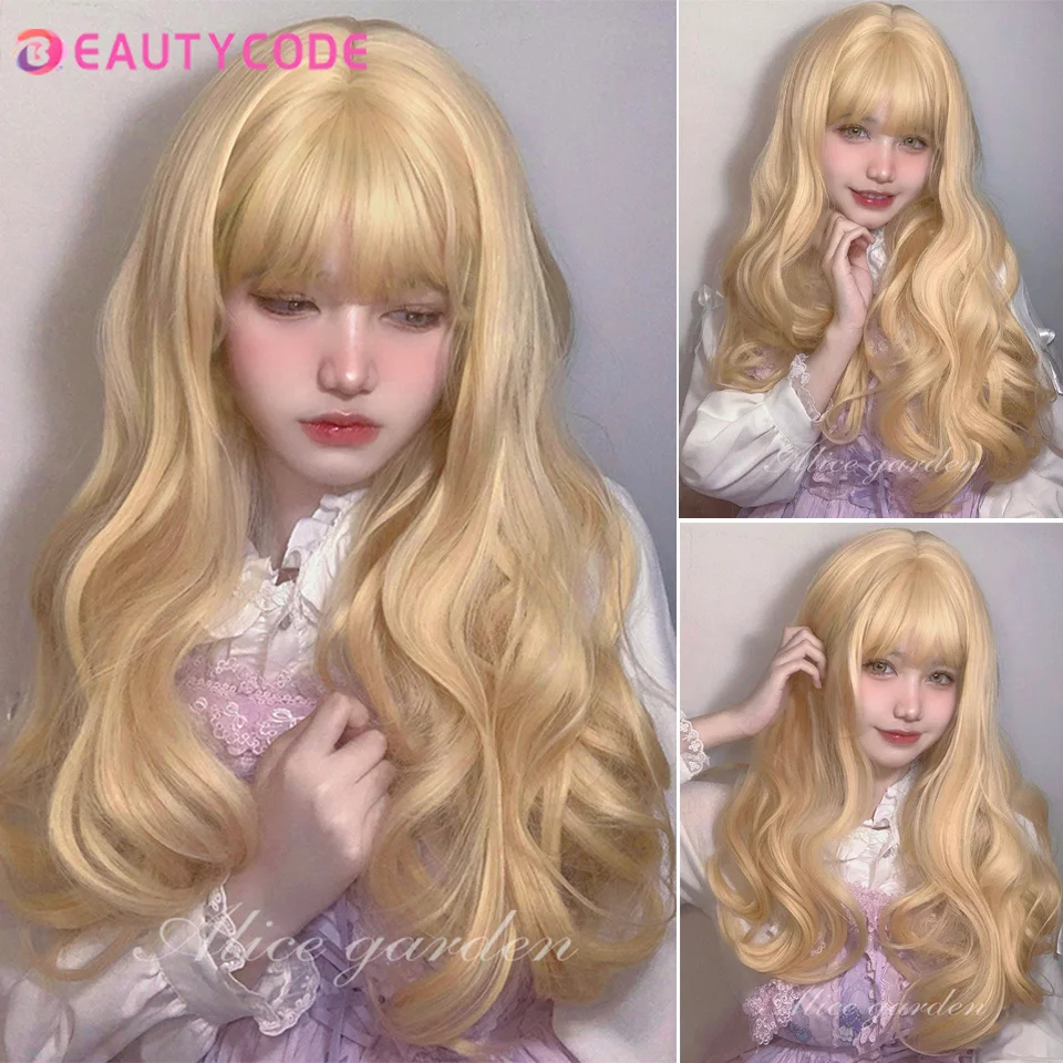 

BEAUTYCODE Synthetic Blonde Wigs Long Wavy Wig for Women with Bangs Party Daily Cosplay Lolita Heat Resistant Fibre Hair Wigs