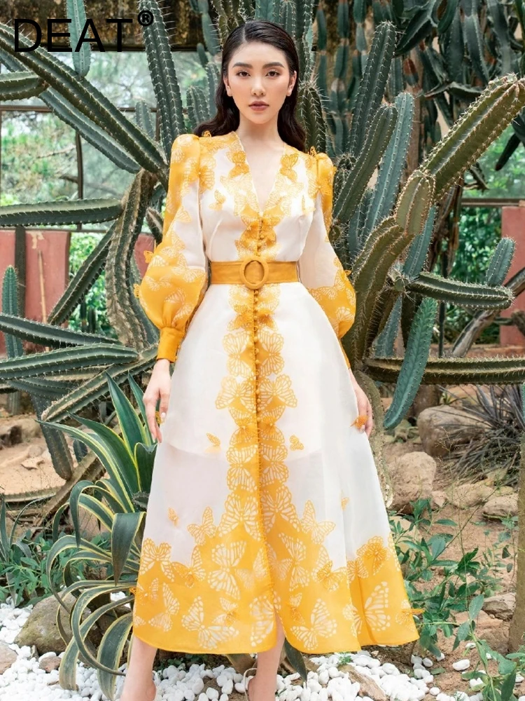 

Женское платье с цветочным принтом DEAT, элегантное платье контрастных цветов с V-образным вырезом, длинным рукавом, поясом и 3D принтом, 13DB2847, осень 2023