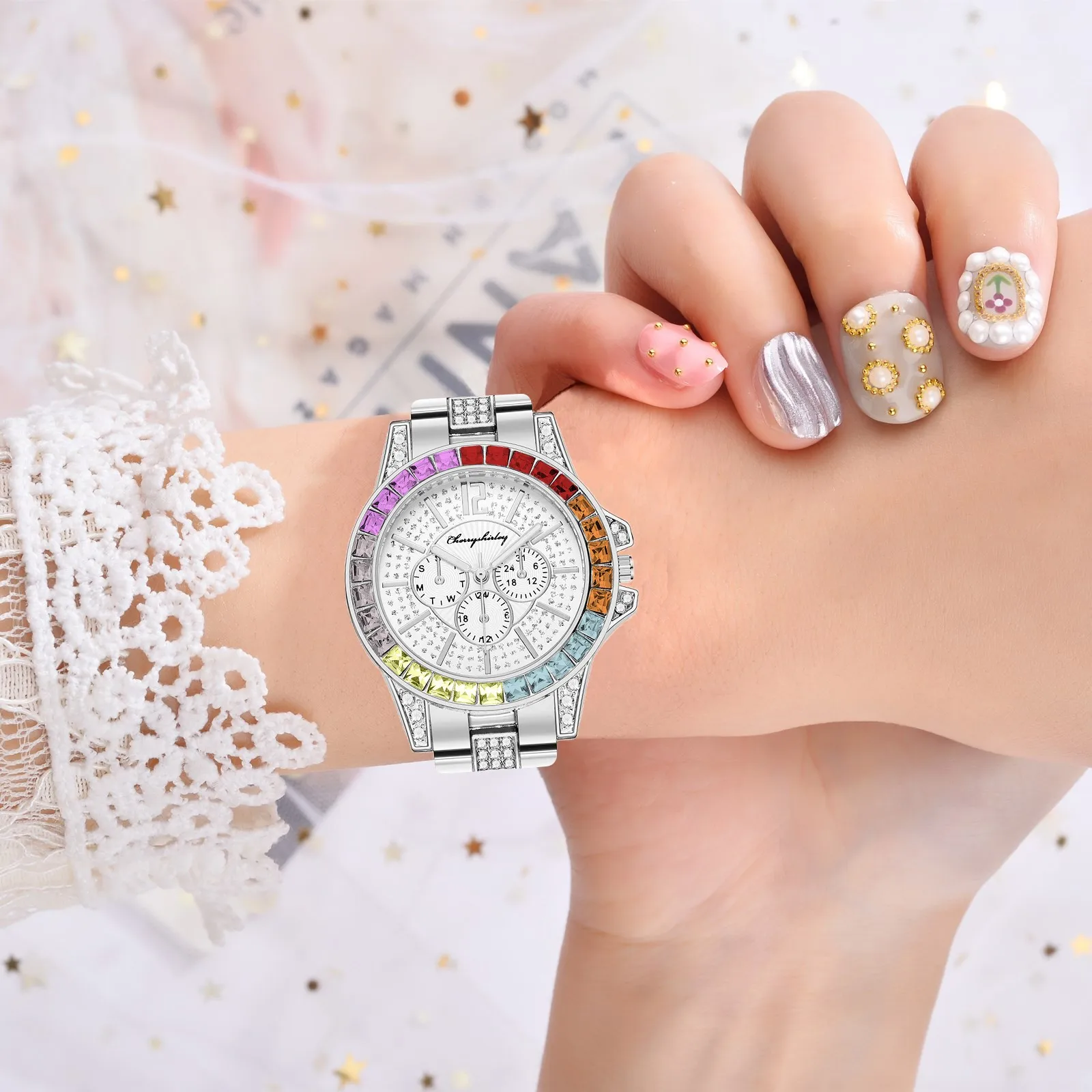 Analog Watch Band Color Watch Watch Fashion Diamond Fashion Three Eye Full Quartz Women's Steel Women's Versatile Watch Diamond
Analog Watch Band Color Watch Watch Fashion Diamond Fashion Three Eye Full Quartz Women's Steel Women's Versatile Watch Diamond