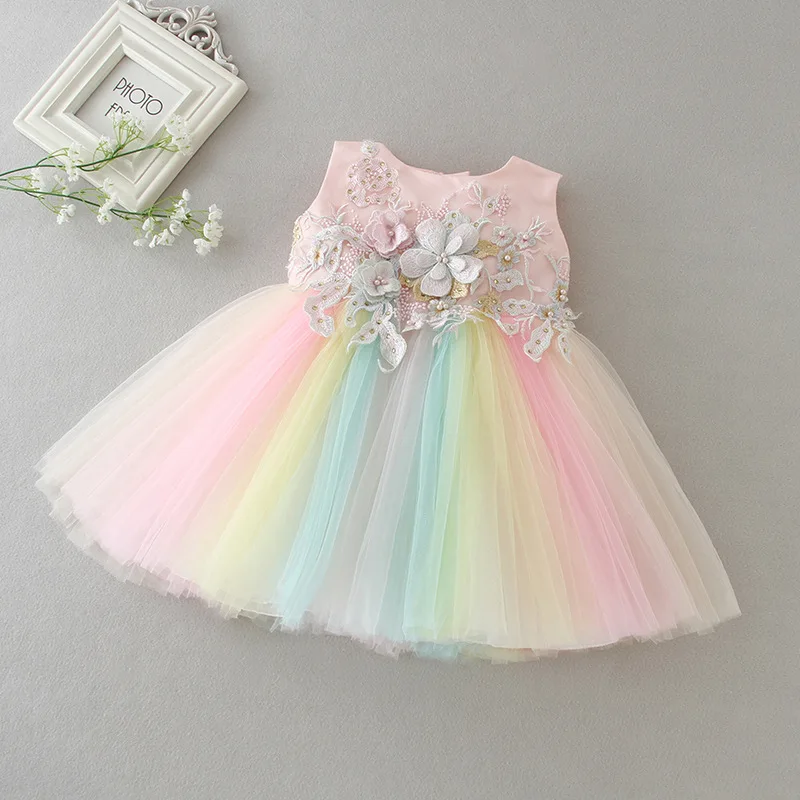 

Милое Радужное платье для девочек с круглым вырезом, детское платье принцессы длиной до колена с бантом на молнии сзади, бальное платье для девочек