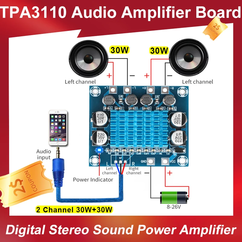 TPA3110 Audio Amplifier Board XH-A232 30W+30W Digital Stereo Sound Power Amplifier Board AMP DC 8-26V 3A for Home TV Speaker
TPA3110 Audio Amplifier Board XH-A232 30W+30W Digital Stereo Sound Power Amplifier Board AMP DC 8-26V 3A for Home TV Speaker
