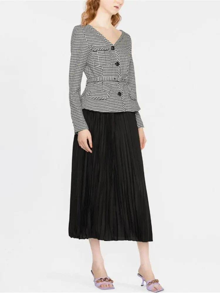 Women Fake Two-Pieces Houndstooth Lace Up Pleated Stitching V-Neck Long Sleeve Pocket Half Buttons Elegant Midi Dress
Women Fake Two-Pieces Houndstooth Lace Up Pleated Stitching V-Neck Long Sleeve Pocket Half Buttons Elegant Midi Dress