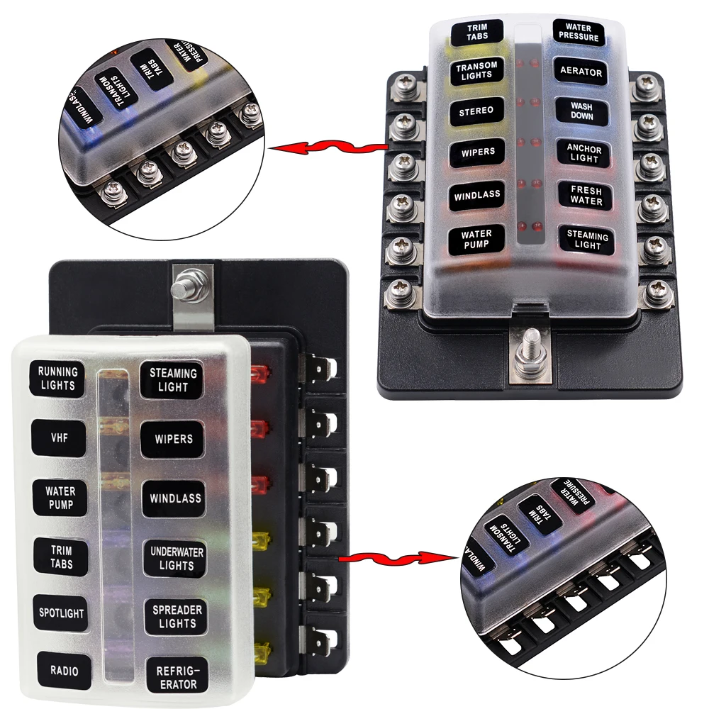 

6/8/10/12 Way Blade Fuse Block Fuse Box Holder Circuit Car Ato/Atc Fuse Block with LED Indicator Damp-Proof Protection Cover