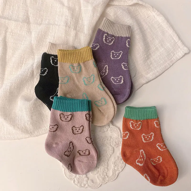 2022 New Kids Bear pattern Socks 100% Cotton soft for Boys Girls Newborn Infant Toddler Slouch Students 0-6Y | Детская одежда и