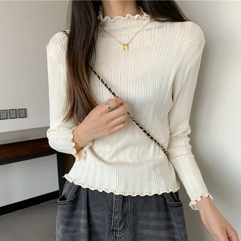 

Autumn Winter New Fashion Women Knitting Sweaters Mock Neck Ruched Slim Casual Pullover Female Solid Basic Ribbed Knitwear Femme