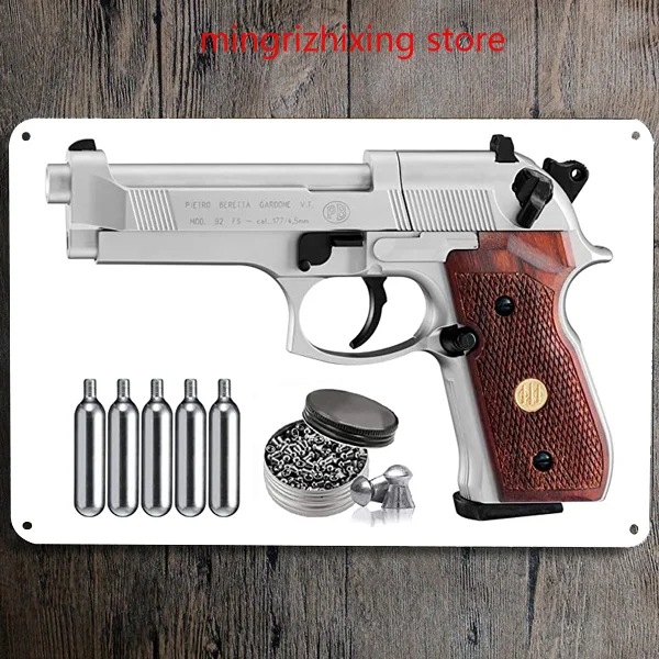 Пневматический пистолет Beretta M92FS с емкостью CO2 5x12 и пакетом свинцовых гранул 500 карат (никель/дерево + аксессуары), настенный жестяной знак
Пневматический пистолет Beretta M92FS с емкостью CO2 5x12 и пакетом свинцовых гранул 500 карат (никель/дерево + аксессуары), настенный жестяной знак