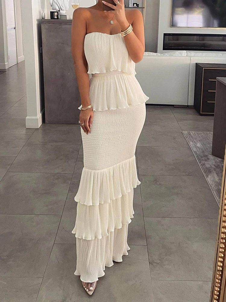 

Sexy Strapless Ruffled Hem Ruched Bandeau Layered Dress Elegant Off Shouder Wedding Party Dresses for Women