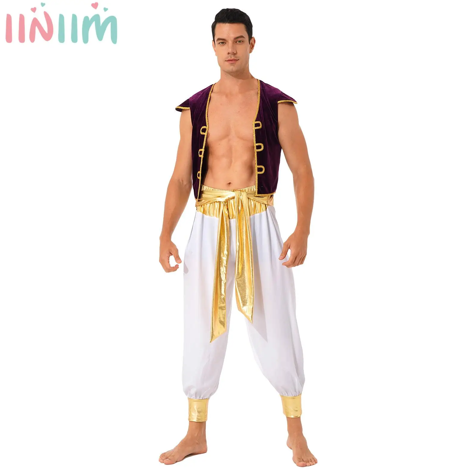 

Mens Arabian Prince Role Play Costume Halloween Fancy Dress Ball Outfits Arab Vest Waistcoat with Belted Bloomers Harem Pants