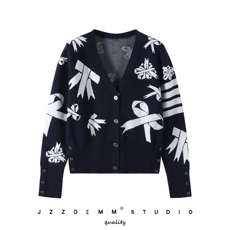 Женский трикотажный жаккардовый кардиган с бантом на талии 
Женский трикотажный жаккардовый кардиган с бантом на талии