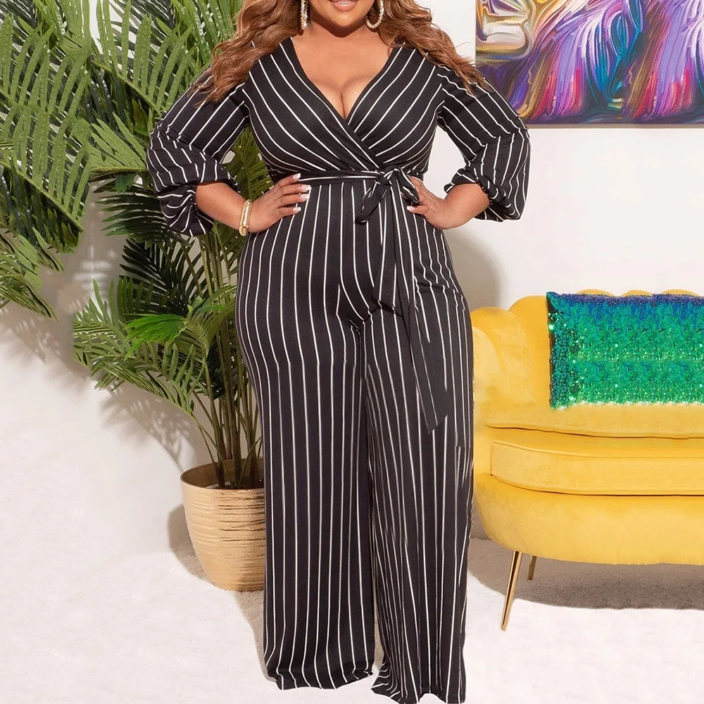 Jumpsuits One Piece Women Plunging Neck Sashes Striped Wide Legs Rompers Female 2022 Summer African Office Lady Clothing
Jumpsuits One Piece Women Plunging Neck Sashes Striped Wide Legs Rompers Female 2022 Summer African Office Lady Clothing