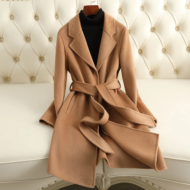 

Повседневное твидовое пальто, новый модный топ на осень/зиму, двустороннее кашемировое пальто, женское приталенное шерстяное пальто средней длины, 2023