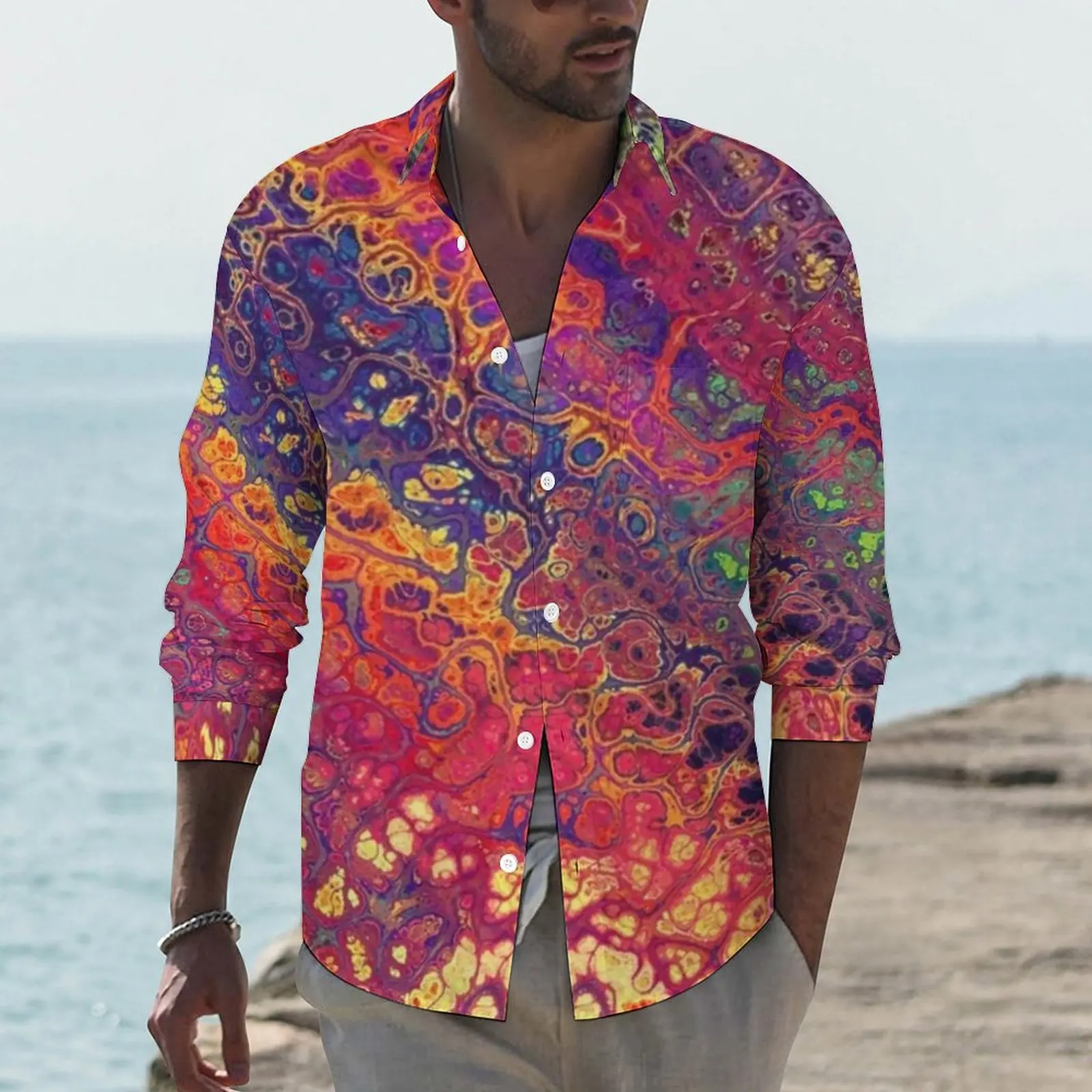 

Marble Paint Splatter Casual Shirts Men Trippy Rainbow Print Shirt Long Sleeve Cool Funny Blouses Autumn Custom Tops Big Size