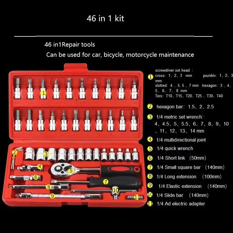 46pcs Drive Socket Ratchet Wrench Kit, Auto Repair Ratchet Screwdriver Set Car Motorcycle Repair Tool For Car Maintenance Home U
46pcs Drive Socket Ratchet Wrench Kit, Auto Repair Ratchet Screwdriver Set Car Motorcycle Repair Tool For Car Maintenance Home U