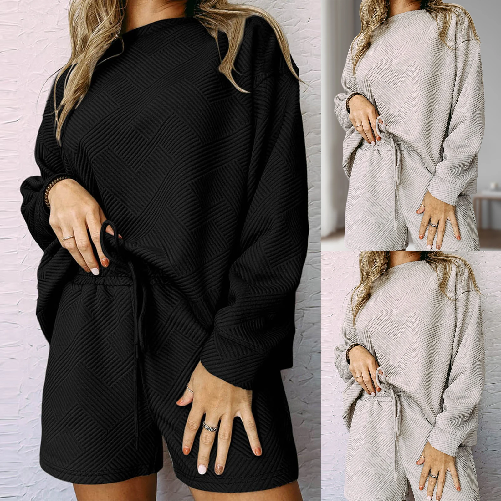

Women Threaded Top Shorts Crew Neck Ladies Basic 2 Piece Set Long Sleeve Drawstring Waisted Solid Color Loose Fit Daily Outfit
