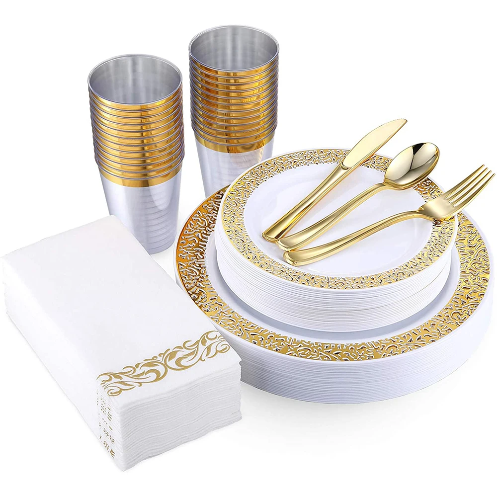 

Disposable Cutlery Set for 10 Guests Gold Lace Plastic Dinner Plate Silverware Cup Napkins Birthday Wedding Party Supplies