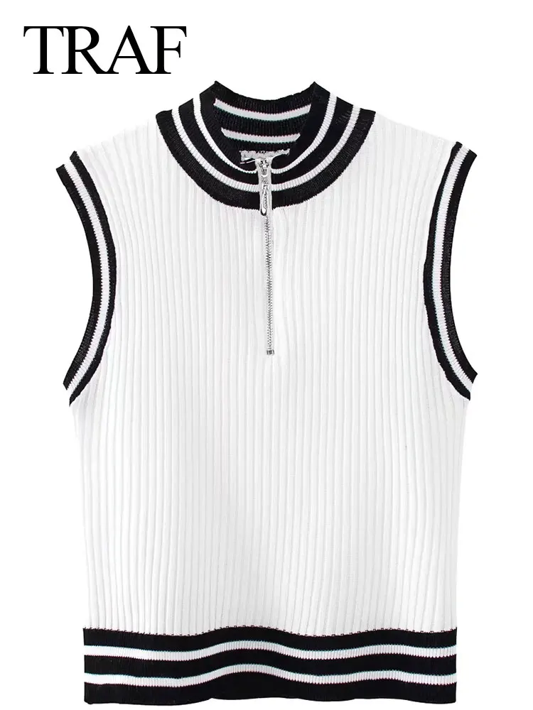 TRAF 2022 Fashion Sleeveless Ladies White Vest Black Stripes Sports Style Pullover Short Slim Top Kitted knitting Skin-friendly 
TRAF 2022 Fashion Sleeveless Ladies White Vest Black Stripes Sports Style Pullover Short Slim Top Kitted knitting Skin-friendly