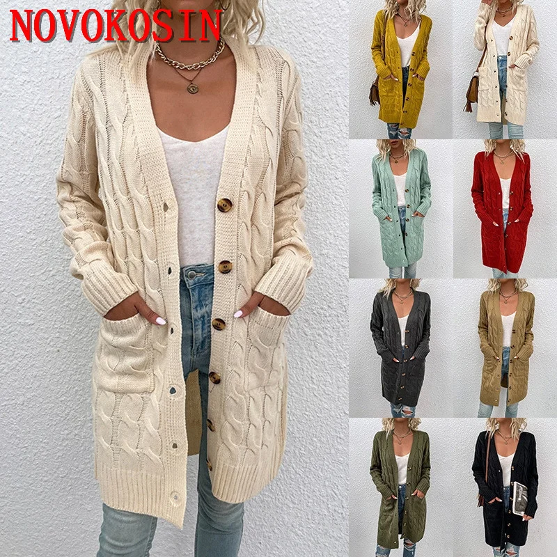 

S-XL 8 Colors Autumn Knitted Loose Poncho Out Streetwear Women Front Button Cardigan Knitwear Long Twists Sweater With Pocket