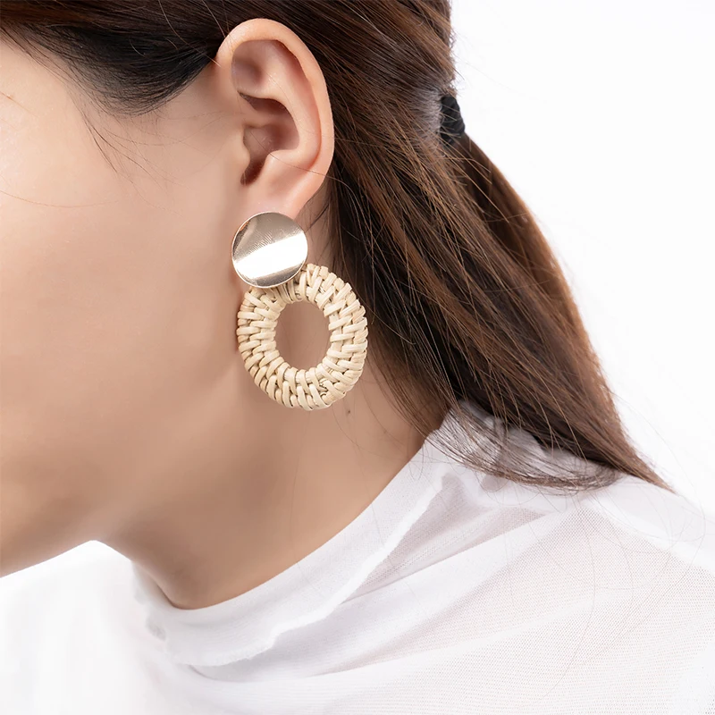 

Rattan Earrings Girls Handmade Lightweight Wicker Straw Statement Weaving Braid Drop Dangle Accessories for Women