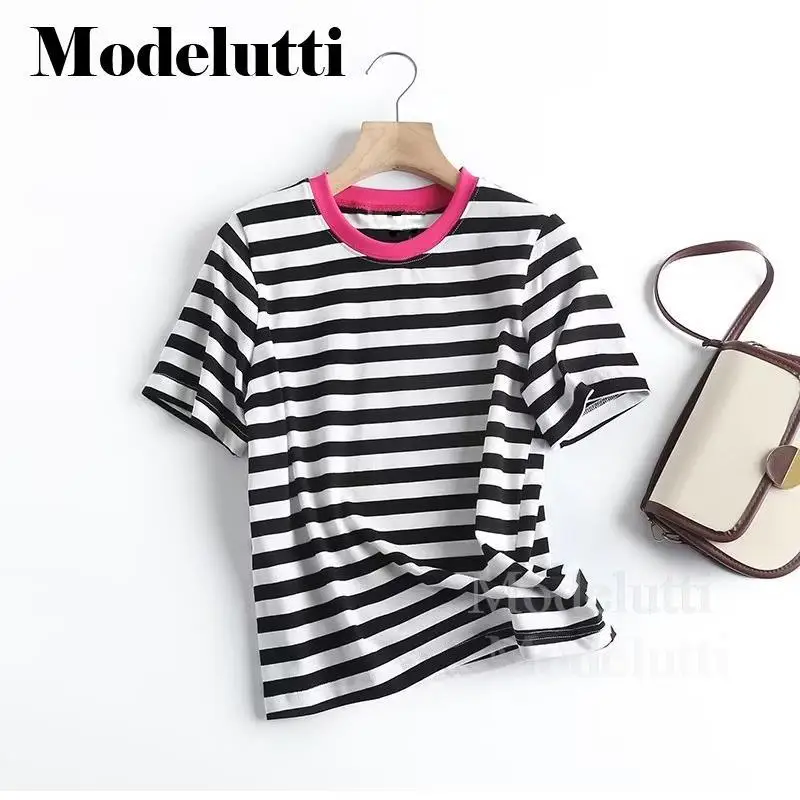 

Modelutti 2023 New Spring Summer Women Fashion Patchwork Short Sleeve Striped T-shirt Simple Slim Versatile Tops Female Chic
