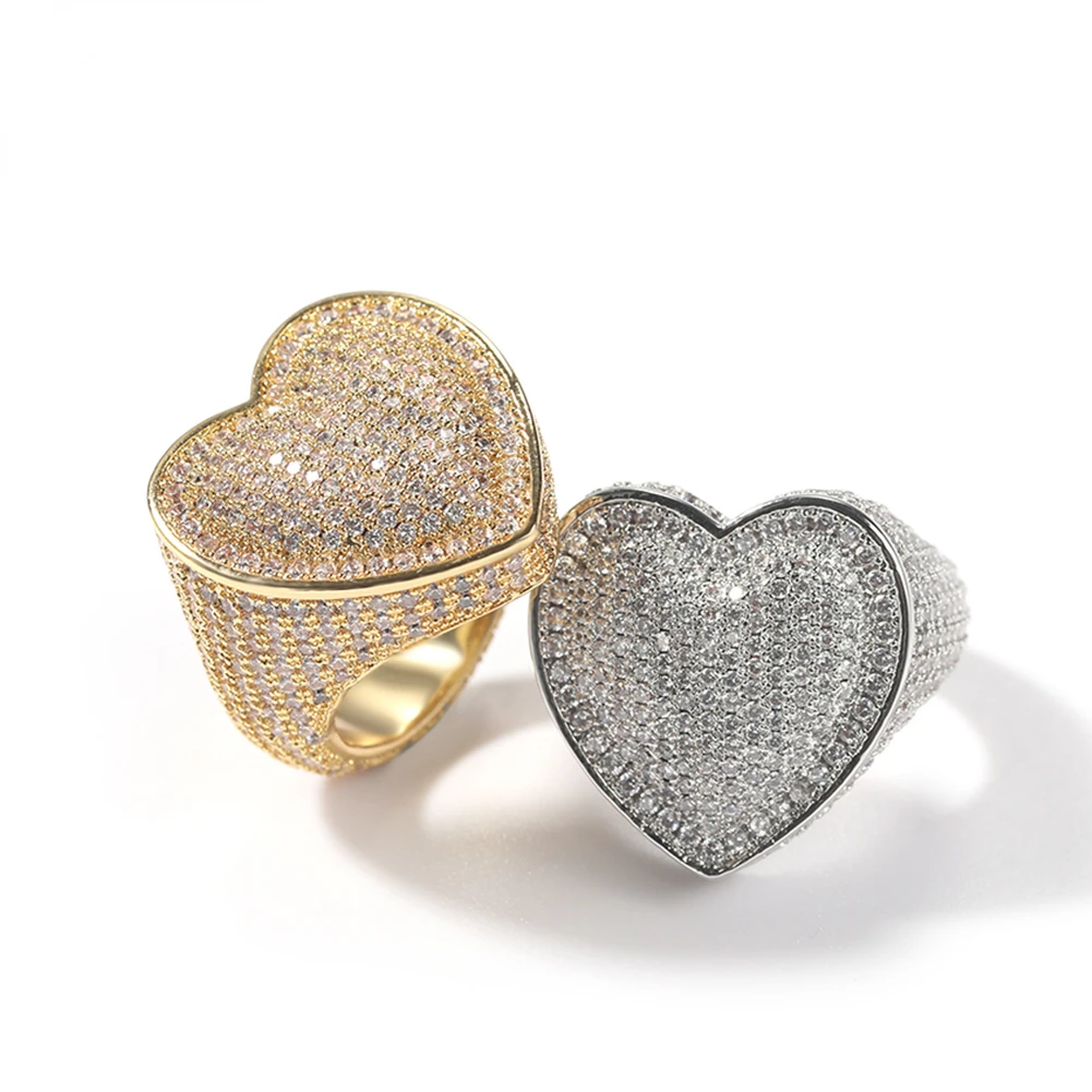 

Big Heart Ring Full Micro Paved Iced Out Bling Cubic Zirconia HipHop Ring Delicate Punk Jewelry for Men and Women