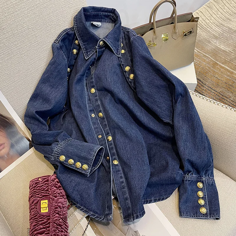 Dark Blue Turn-down Collar Long Sleeve Denim Tops Korean Fashion Loose Personality Buttons Casual Women Shirt Autumn 2022
Dark Blue Turn-down Collar Long Sleeve Denim Tops Korean Fashion Loose Personality Buttons Casual Women Shirt Autumn 2022