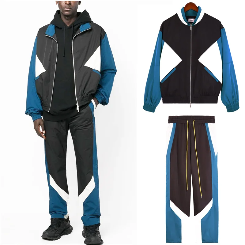 

New High Quality Rhude Jacket Women's Clothing Color Matching Sport Zipper Loose Men's Jacket Coat Pant Suit