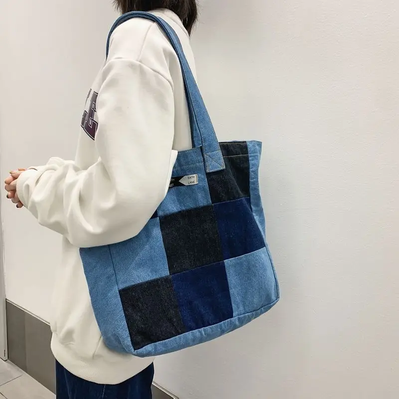 

New Tote Bag Splice Color Contrast Large Capacity Canvas Bag Art Plaid Shopper Handbag Casual Fashion Trend Shoulder Bag Women