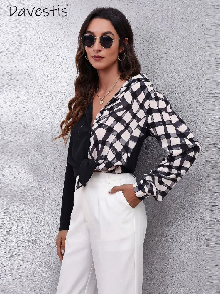 

2023 Spring Houndstooth Stitching Shirt Women Office Polo Collar Shirts and Blouses Female Fashion Loose Slim Long Sleeve Shirt