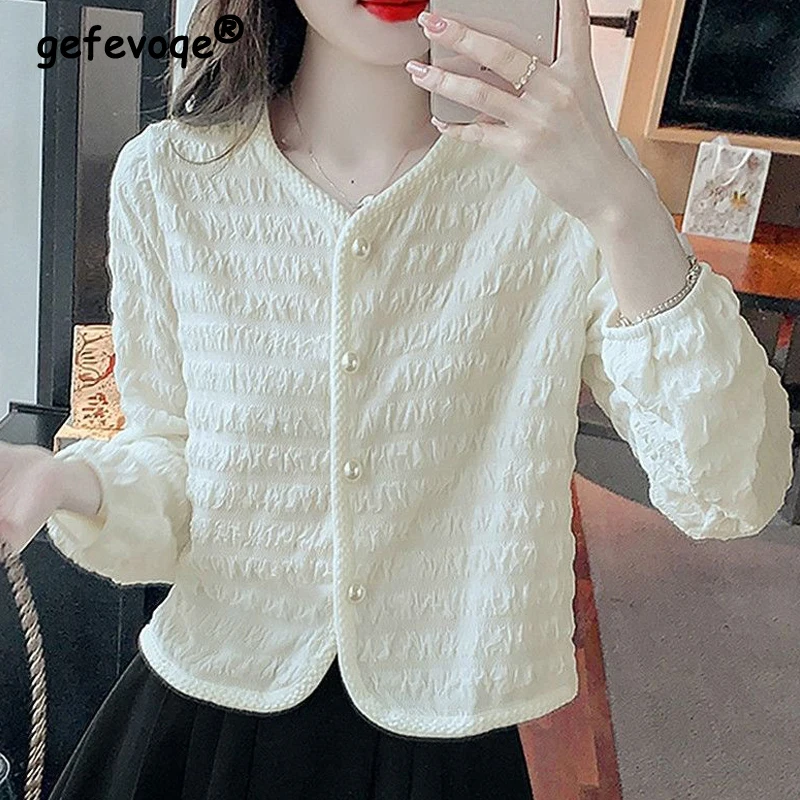 Women Korean Fashion Vintage Beaded Button Up Shirt Elegant Chic Sweet Luxury Design Blouse V Neck Solid Long Sleeve Tops Blusas
Women Korean Fashion Vintage Beaded Button Up Shirt Elegant Chic Sweet Luxury Design Blouse V Neck Solid Long Sleeve Tops Blusas